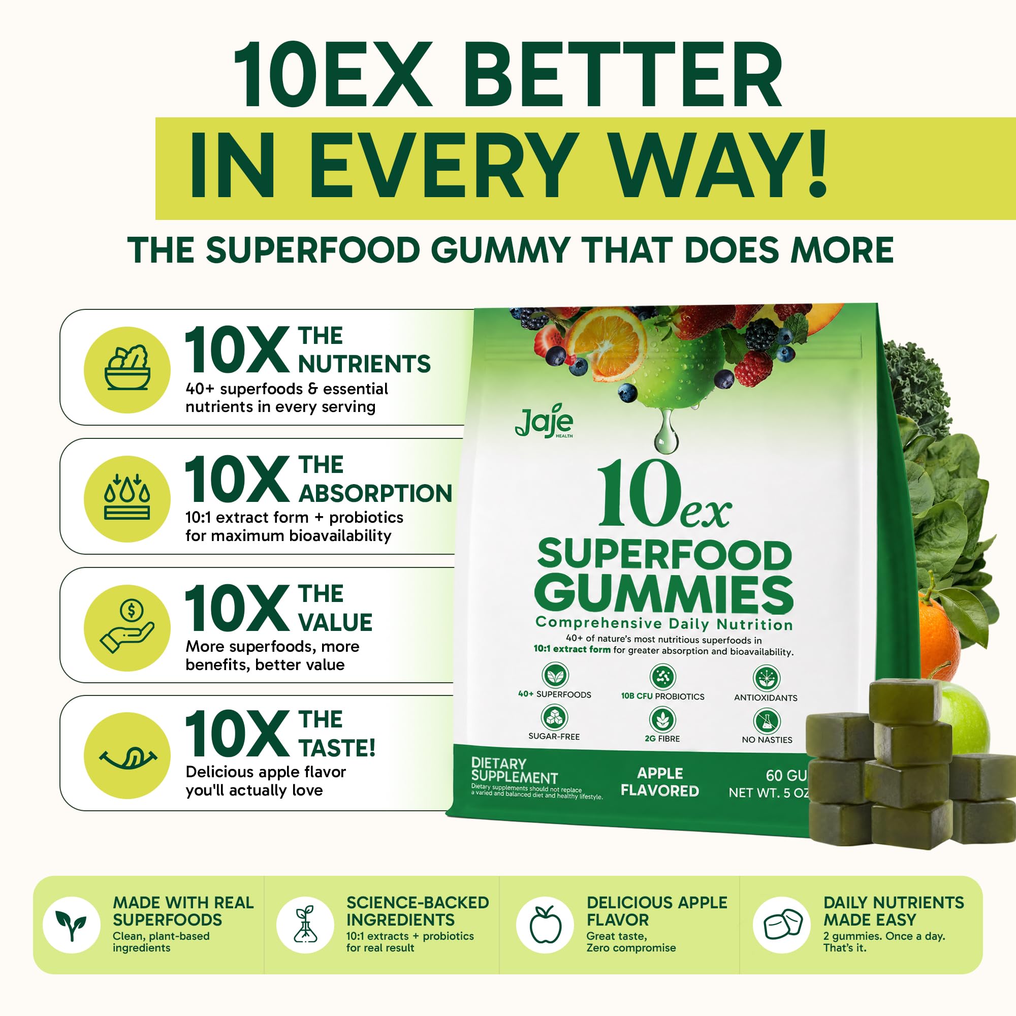Jaje Health 10ex Supergreens Gummies w/Probiotics